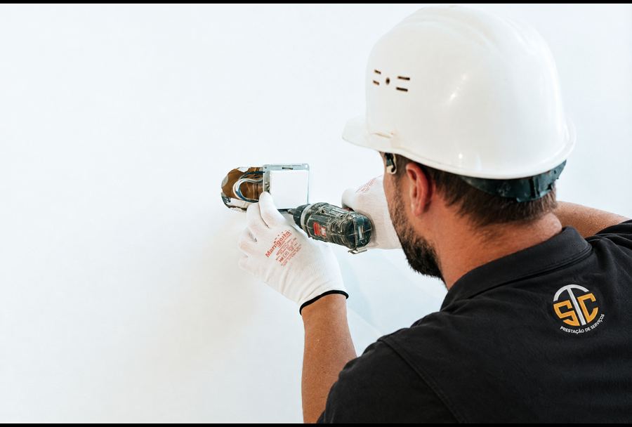 Manutencista com uniforme preto da STC instalando um interruptor